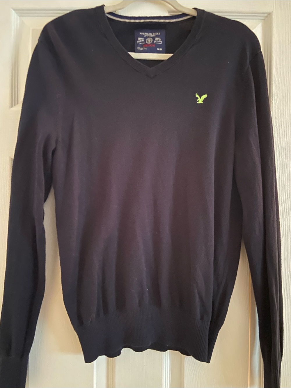 American Eagle Outfitters Men's V-Neck Sweater in Navy with Lime Logo